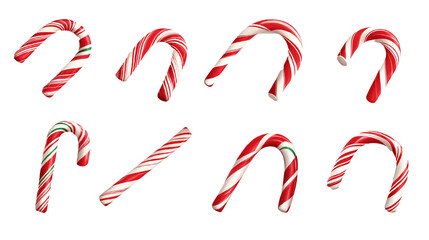 3D realistic christmas candy, sweets, lollipops, candy cane set. Peppermint candies red and white collection. Assorted striped and swirl caramel.
