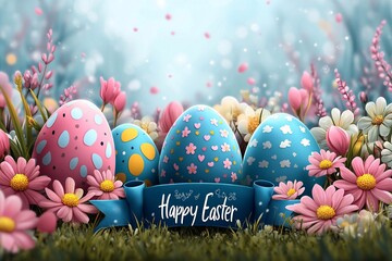 Easter greeting card design, featuring colorful eggs with spring flowers and a blue ribbon bow in the background, with the text "Happy Easter" written below in a cute, cartoon-like style. The color pa
