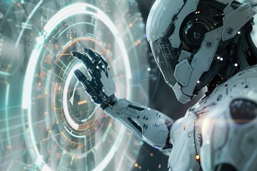 Blurred white robot cyborg man touching hi tech interface HUD.