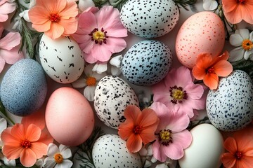Obraz premium Easter-themed background with colorful eggs, feathers, and leaves on a white background. High-resolution, professional photograph with super-accurate detail, no blur effect, sharp focus, studio lighti