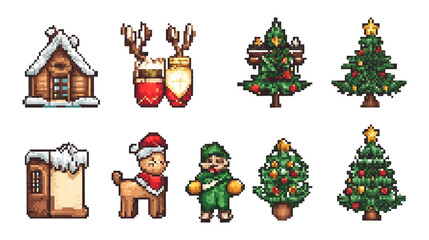 Pixel art Christmas elements clip art pack. 8 bit vintage video game style decorations set like christmas tree, socks, candy cane, gift, christmas wreath, snow globe. Vector cute stuff illustration