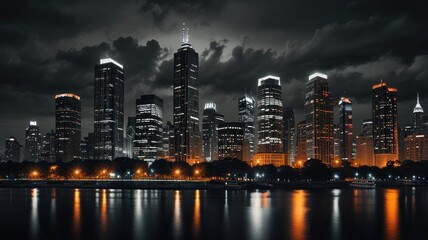 Night cityscape with skyscrapers reflected in dark water under stormy clouds.