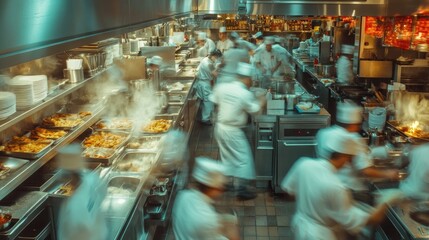 Busy chefs working in a large commercial kitchen, preparing food.
