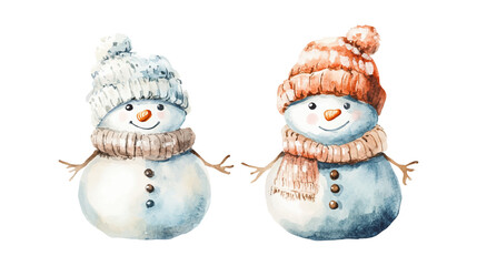 Cute hand drawing snowmen in knitting hats hand drawn watercolor christmas character set on white background. New Year concept vector illustration.