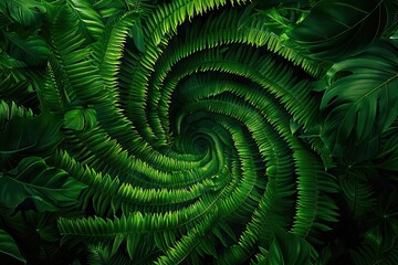 Vibrant green fern leaves create swirling natural pattern background.