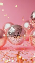 Shiny disco balls and confetti scattered on bright pink background for party celebration