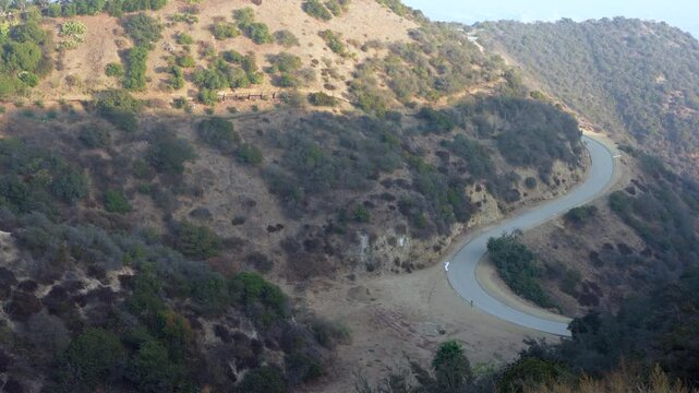 Panoramic view of winding trails and hills at Runyon Canyon Park with people walking, overlooking the city of Los Angeles.