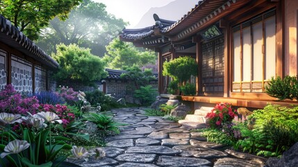 Japanese traditional house with backyard garden.
