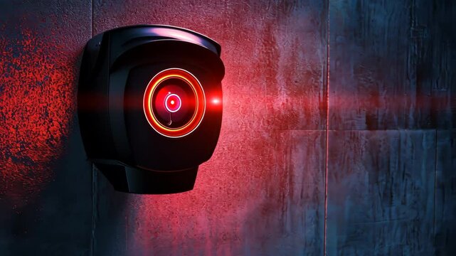 Surveillance camera scanning dark room with red laser