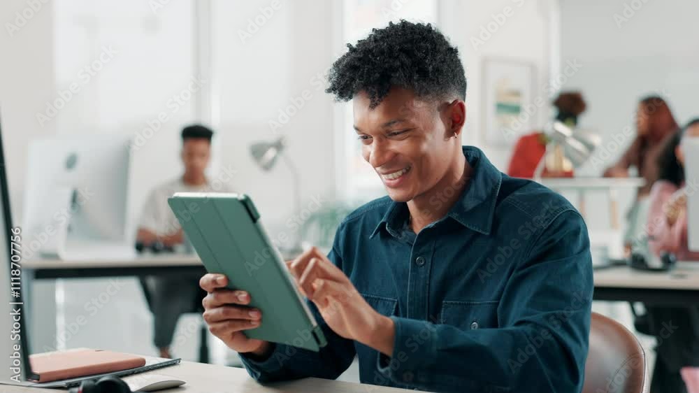 Poster Browsing, coworking and man with tablet, research and happy for programming tutorial, online and digital. Creative, scroll and planning for project, app and software engineer for ecommerce in office