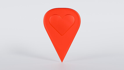 3D red map marker whit a heart, isolated on white background. Perfect for projects related to travel, maps, GPS, navigation and interface design.