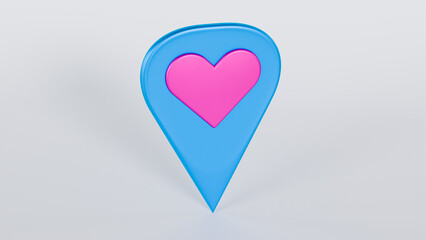 3D blue map marker whit a pink heart, isolated on white background. Perfect for projects related to travel, maps, GPS, navigation and interface design.