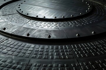 Obraz premium Round steel panels on black background resembling technological structure.