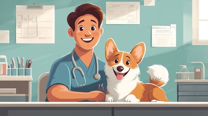 A joyful cartoon setting showing a veterinarian in uniform playing with an enthusiastic dog. The clinic's colorful walls and veterinary tools highlight a moment of happy recovery.

