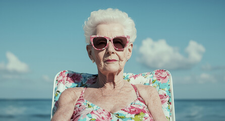 Grandma in a bikini in the sun, reflecting confidence, maturity and authenticity on the beach. Ideal for retirement, lifestyle, travel and tourism themes