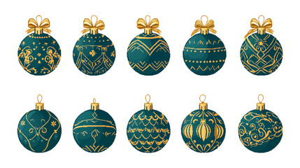 Pixel art set of elegant Christmas tree balls in teal and gold with intricate designs and bows, vector illustration isolated on white background.