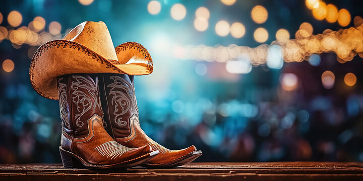 A live country music event or rodeo featuring a backdrop with a cowboy hat and boots, set against a rustic design, highlighting the charm of Western culture and live music in a vibrant
