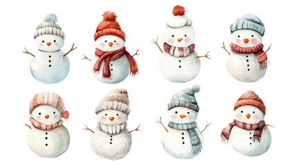 Watercolor Snowmans set collection, Vector illustration of Snowmans And Snowflakes in vintage watercolor style,Vector illustration of Snow man in vintage watercolor style, christmas and winter element