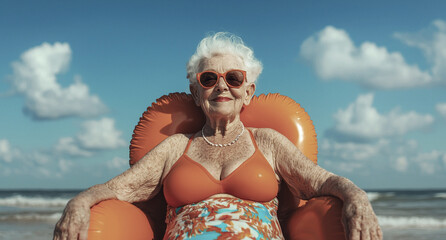 Grandma in a bikini in the sun, reflecting confidence, maturity and authenticity on the beach. Ideal for retirement, lifestyle, travel and tourism themes