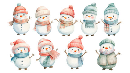 Watercolor Snowmans set collection, Vector illustration of Snowmans And Snowflakes in vintage watercolor style,Vector illustration of Snow man in vintage watercolor style, christmas and winter element