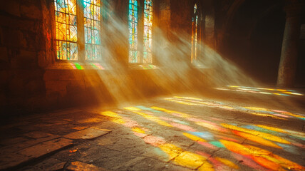 Sunlight casting colorful beams through stained glass windows.
