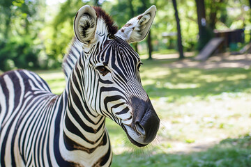 Naklejka premium Zebra stands in a lush green enclosure on a sunny day