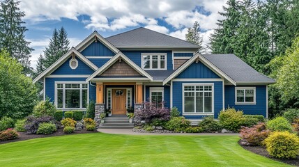 Fototapeta premium A beige siding house exterior with white trim, showcasing a timeless and elegant design, perfect for architectural and real estate visuals.