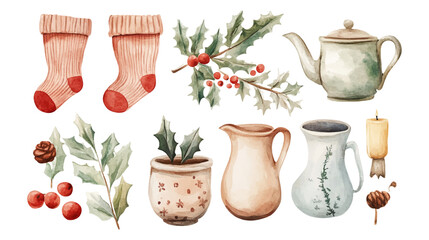 Set of Christmas decorations. Collection of different Gingerbread Cookies. Watercolor illustration of hand painted christmas cookies: man, tree, stars, heart, noel, house, snowflake, candy.