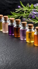 Five glass jars showcase a variety of fresh ingredients. Each container holds rosemary, blueberries, green leaves, purple flowers, and mint, creating a vibrant display.