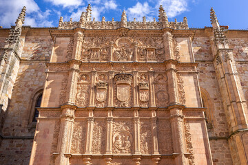 University of Salamanca, front stone Plateresque facade of Escuelas Mayores building with...