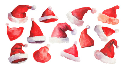 Fototapeta premium Seamless pattern with watercolor Santa Claus hat. For printing wrapping paper, wallpaper, packaging, fabric. Set Hand Drawn vector illustration.