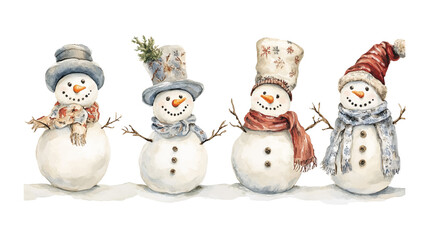 Snowman cartoon watercolor Illustration collection isolated on white background. Cheerful snowmen in different costumes. Winter holidays set vector © Pickoloh
