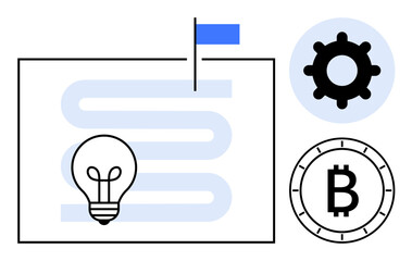 Lightbulb representing ideas, gear denoting process, Bitcoin symbolizing cryptocurrency, and flag at finish line. Ideal for business strategy, innovation, technology, finance, cryptocurrency