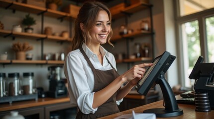 Portrait of Young Woman Working in Café with Modern POS System – High-Quality 4K Photography. Cheerful Barista at Coffee Shop Counter Using Touchscreen POS Terminal.