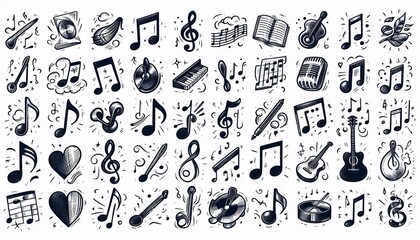 Hand drawn musical notes icons isolated on white