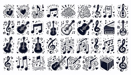 Hand drawn musical notes icons isolated on white