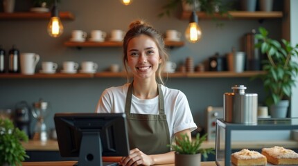 Fototapeta premium Portrait of Young Woman Working in Café with Modern POS System – High-Quality 4K Photography. Cheerful Barista at Coffee Shop Counter Using Touchscreen POS Terminal.