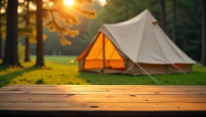 A empty wooden table in the foreground with a tent and trees in the blurred background, suggesting an outdoor camping scene in a forest