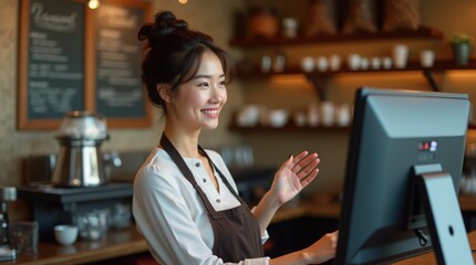 Portrait of Young Woman Working in Café with Modern POS System – High-Quality 4K Photography. Cheerful Barista at Coffee Shop Counter Using Touchscreen POS Terminal.