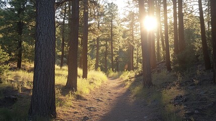 Obraz premium Hiking through a dense pine forest, with sunlight streaming through the trees.