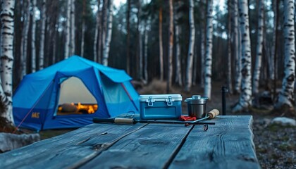 A empty wooden table in the foreground with a tent and trees in the blurred background, suggesting an outdoor camping scene in a forest