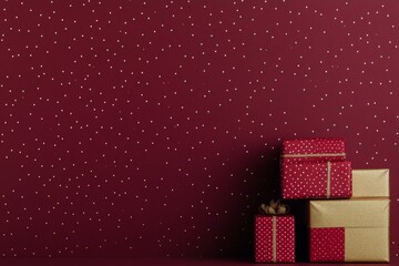 Festive gift boxes arranged against a red speckled background during the holiday season