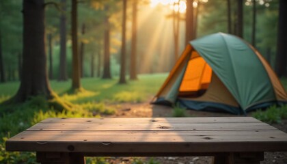 A empty wooden table in the foreground with a tent and trees in the blurred background, suggesting an outdoor camping scene in a forest