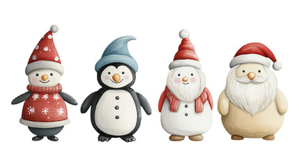 Watercolor vector illustration set of cute Christmas characters penguin, snowman, scandinavian gnome, polar bear and Santa Claus isolated on white background
