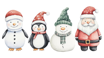 Watercolor vector illustration set of cute Christmas characters penguin, snowman, scandinavian gnome, polar bear and Santa Claus isolated on white background