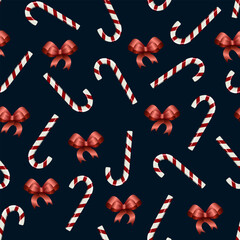 Christmas decor in a seamless pattern.Christmas decor from candies and bows in a seamless vector pattern.