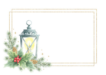 Christmas lantern with candle, spruce branches, cones and holly berry and leaves rectangular frame with double golden frame. Hand drawn watercolor isolated illustration for New Year greeting card, A4.