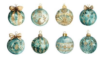 Watercolor set of elegant Christmas tree balls in teal and gold with intricate designs and bows, Merry christmas and Happy new year vector illustration isolated on white background.