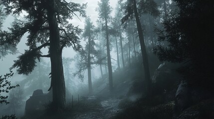 Obraz premium Navigating through a fog-covered forest, with mist clinging to the trees.