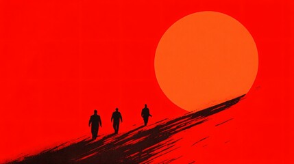 Fototapeta premium Figures Walk Towards Enormous Sun Against Fiery Red Backdrop